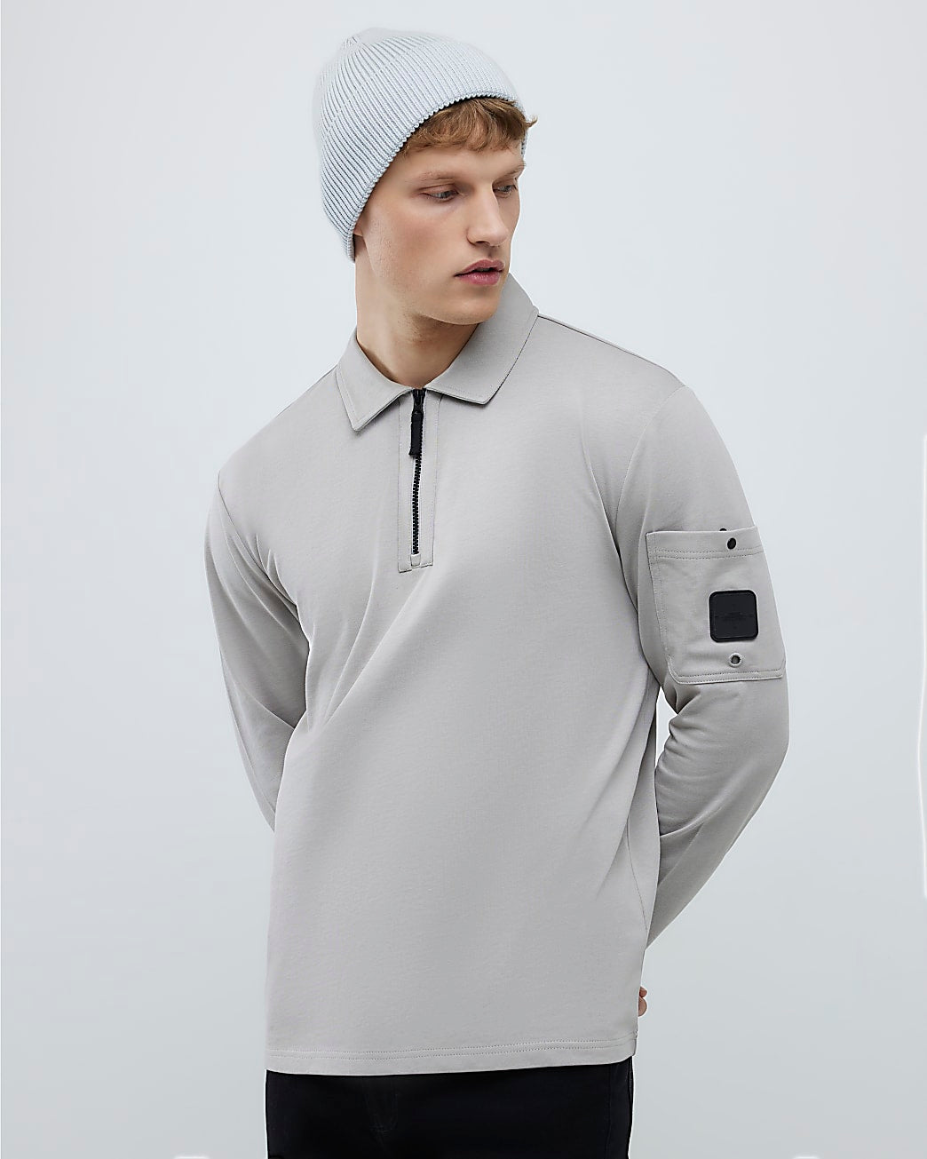 Grey Slim Fit Sleeve Pocket Zipped Polo Shirt