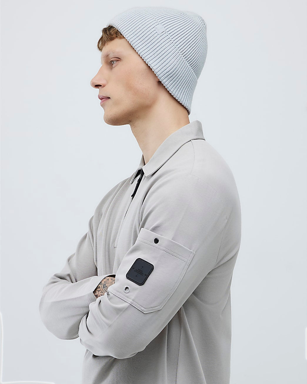 Grey Slim Fit Sleeve Pocket Zipped Polo Shirt