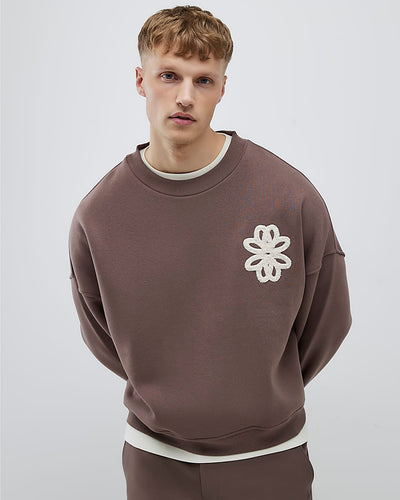 Brown Oversized Fit Floral Rope Sweatshirt