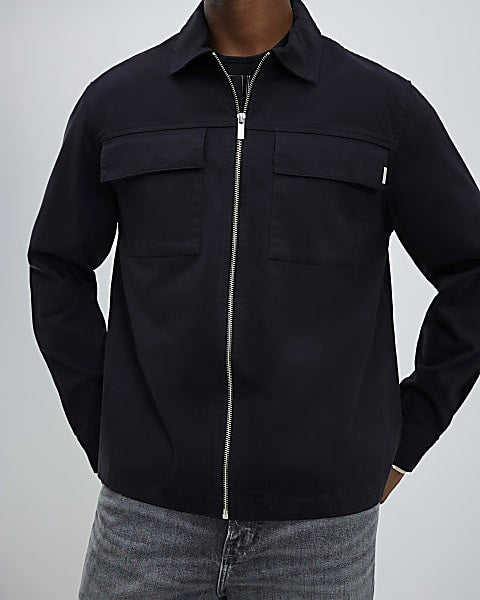 Black Regular Fit Zipped Overshirt