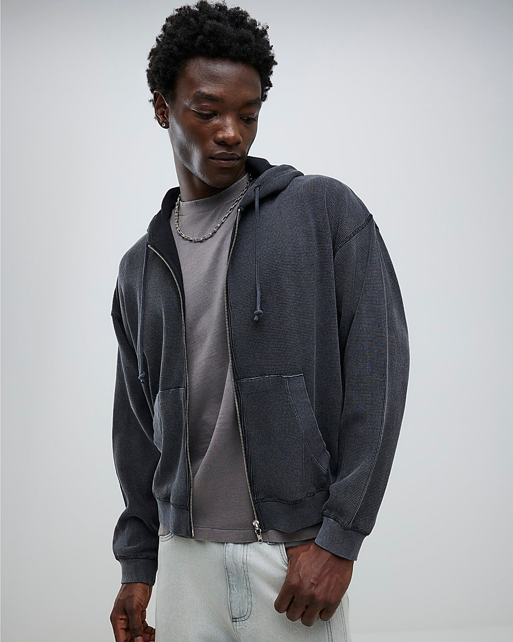 Black Washed Zip Through Hoodie