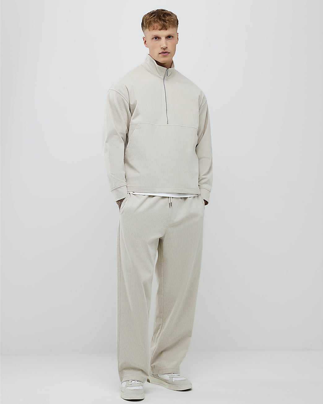 Beige Regular Fit Corduroy Funnel Sweatshirt
