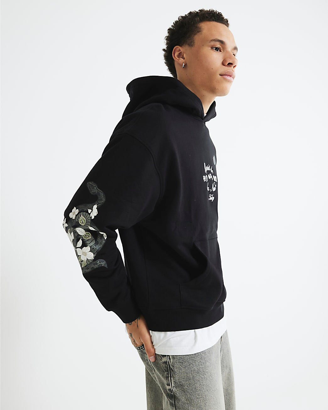 Black Embroidered Floral Snake Print Hoodie