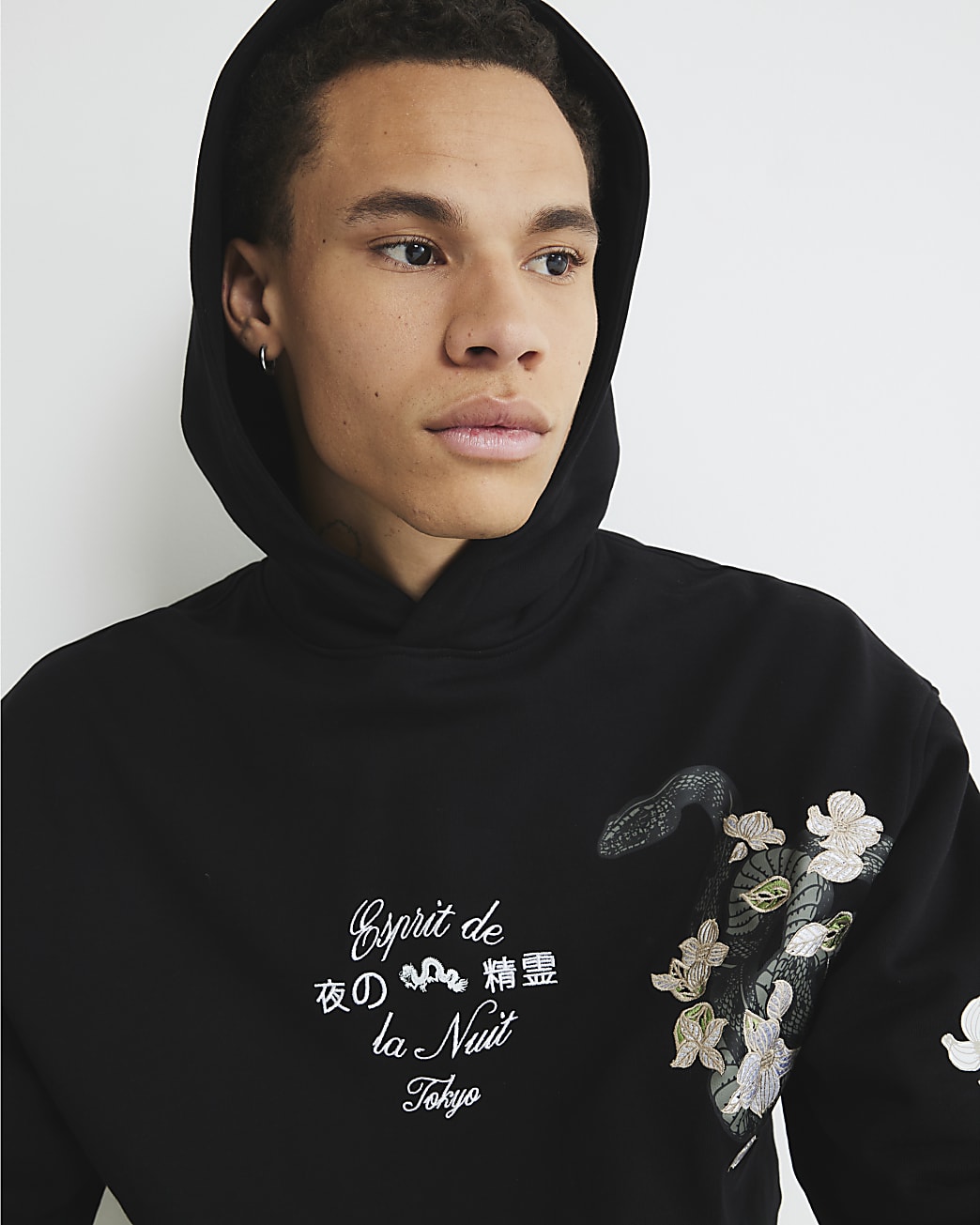 Black Embroidered Floral Snake Print Hoodie